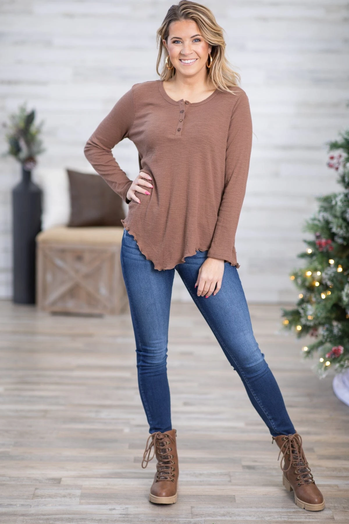 Brown Hanky Hem Top With Button Detail 4 Brown Hanky Hem Top With Button Detail - Image 2