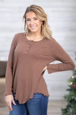 Brown Hanky Hem Top With Button Detail