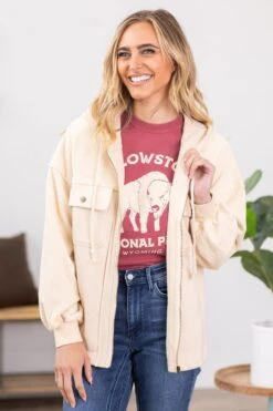 Beige Hooded Full Zip Jacket