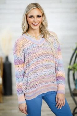 Lavender And Orange Ombre V-Neck Sweater