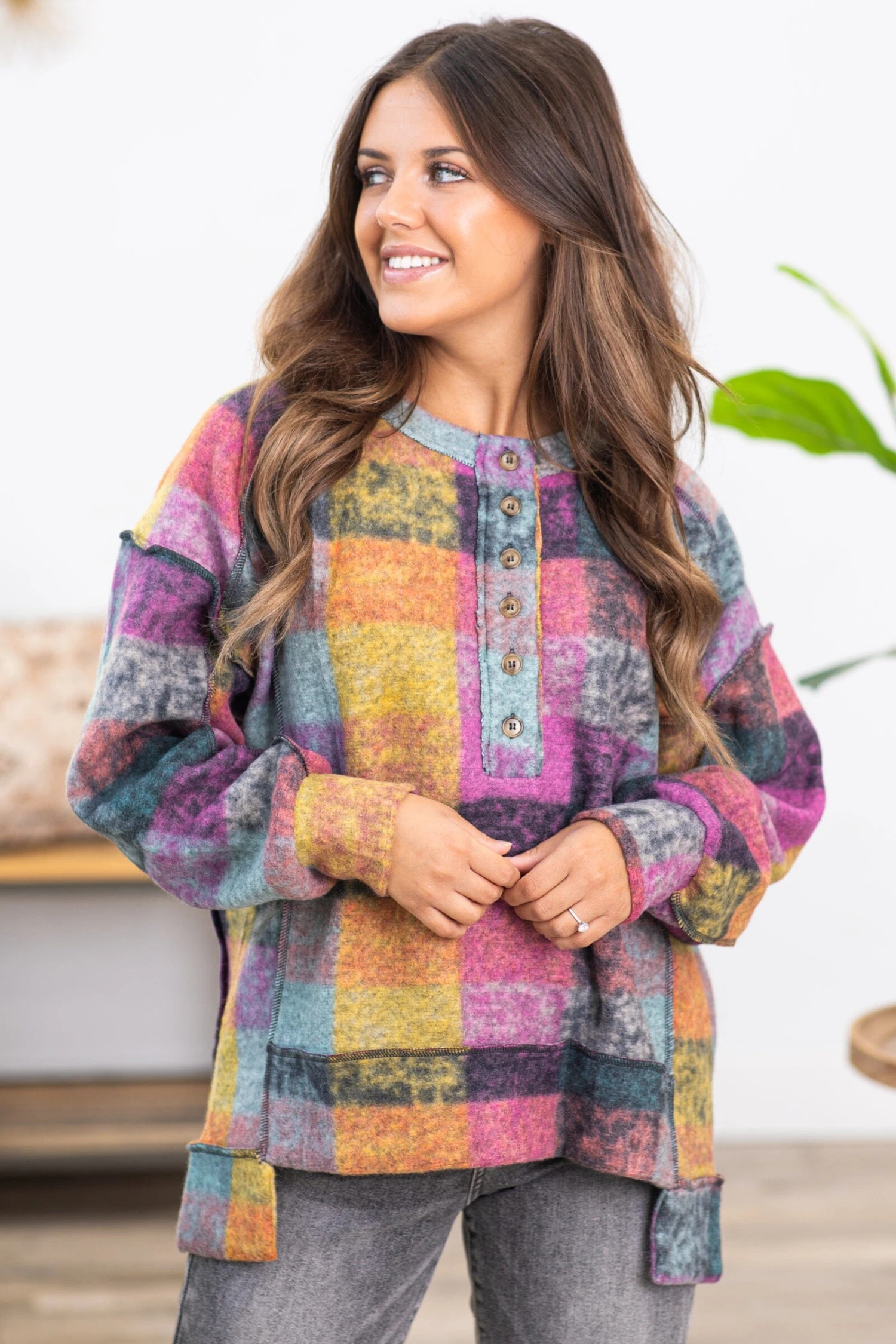 Mustard Multicolor Abstract Plaid Pullover 3 Mustard Multicolor Abstract Plaid Pullover