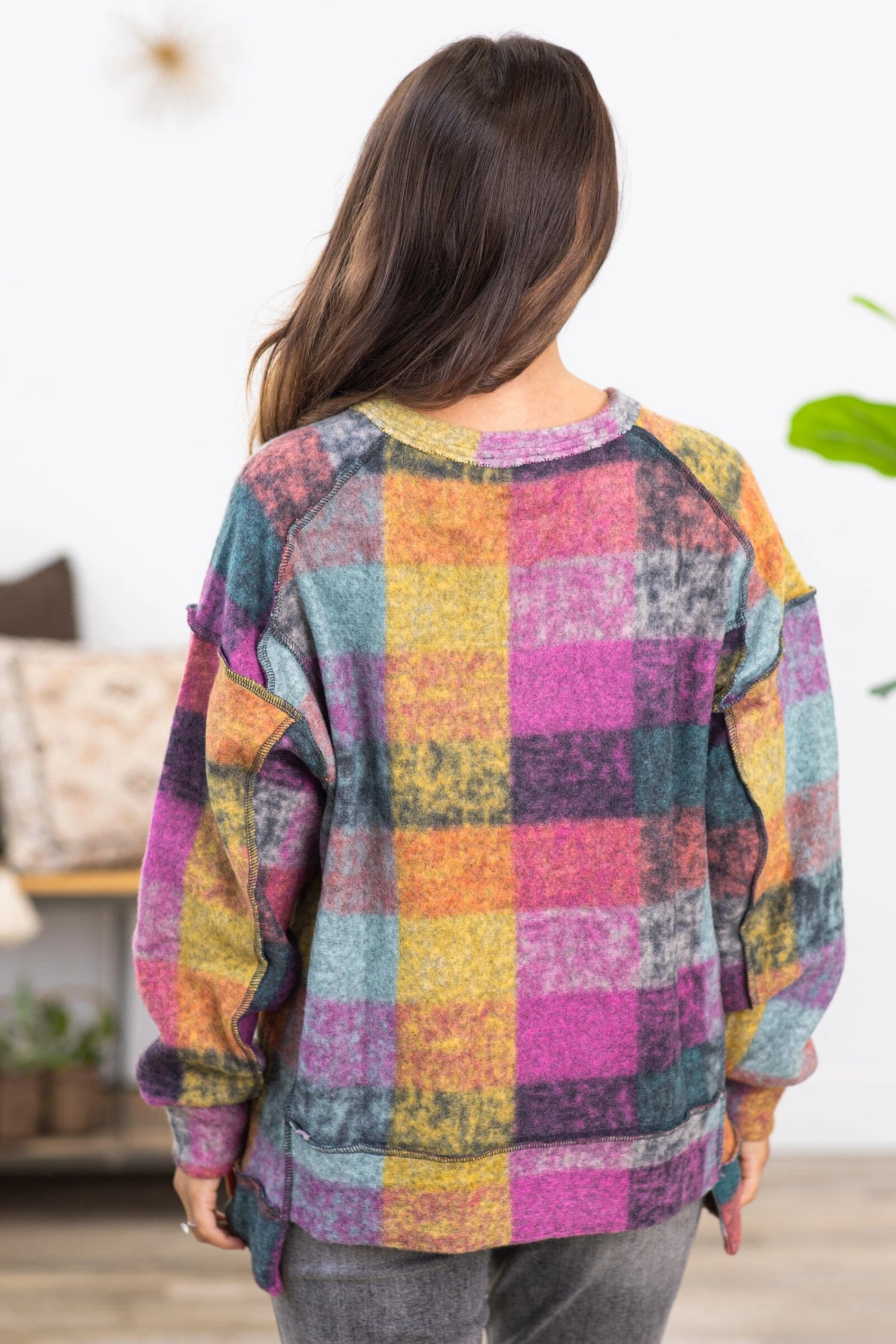 Mustard Multicolor Abstract Plaid Pullover 6 Mustard Multicolor Abstract Plaid Pullover - Image 4