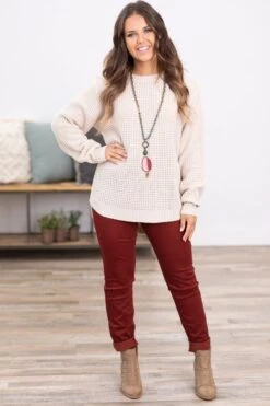 Beige Waffle Knit Round Hem Sweater -Staccato Shop 3D4A0332 ae934ba3 21e1 4094 891e c2110ef367e5