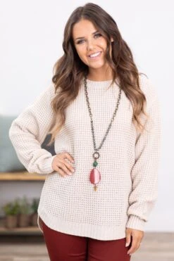 Beige Waffle Knit Round Hem Sweater