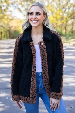 Black Sherpa Jacket With Animal Print Trim