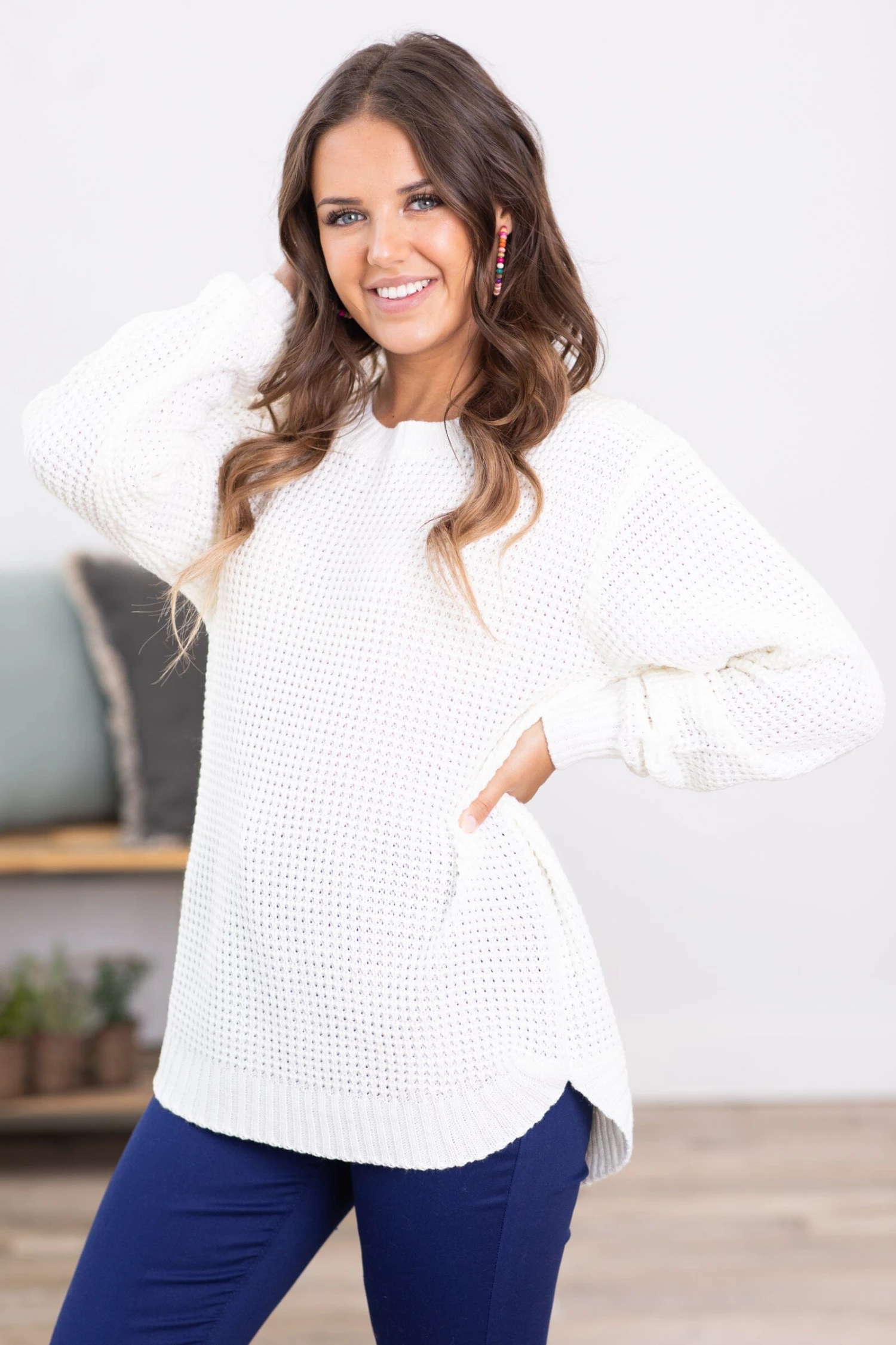 Ivory Waffle Knit Round Hem Sweater 4 Ivory Waffle Knit Round Hem Sweater - Image 2