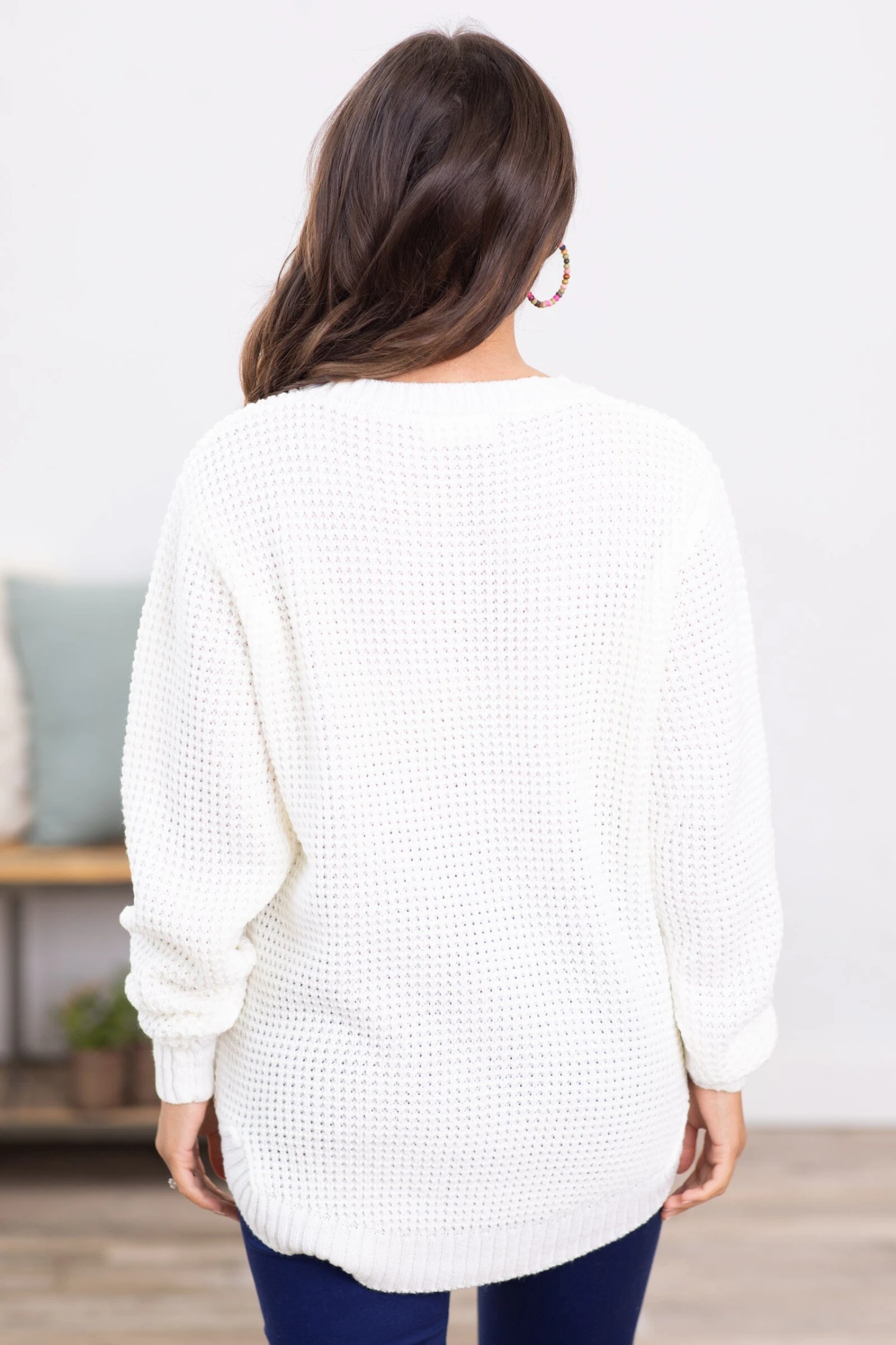 Ivory Waffle Knit Round Hem Sweater 6 Ivory Waffle Knit Round Hem Sweater - Image 4