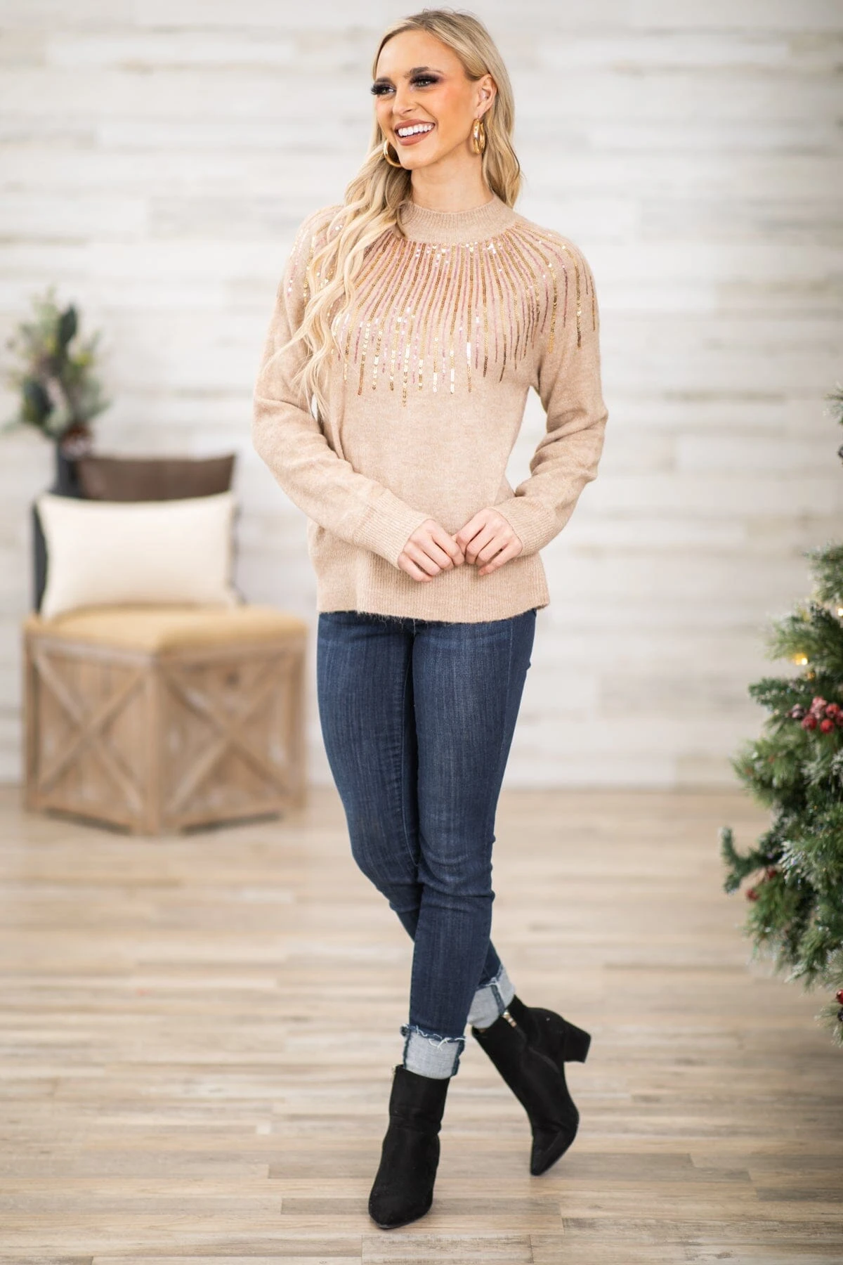Tan And Rose Gold Sequin Detail Sweater 4 Tan And Rose Gold Sequin Detail Sweater - Image 2