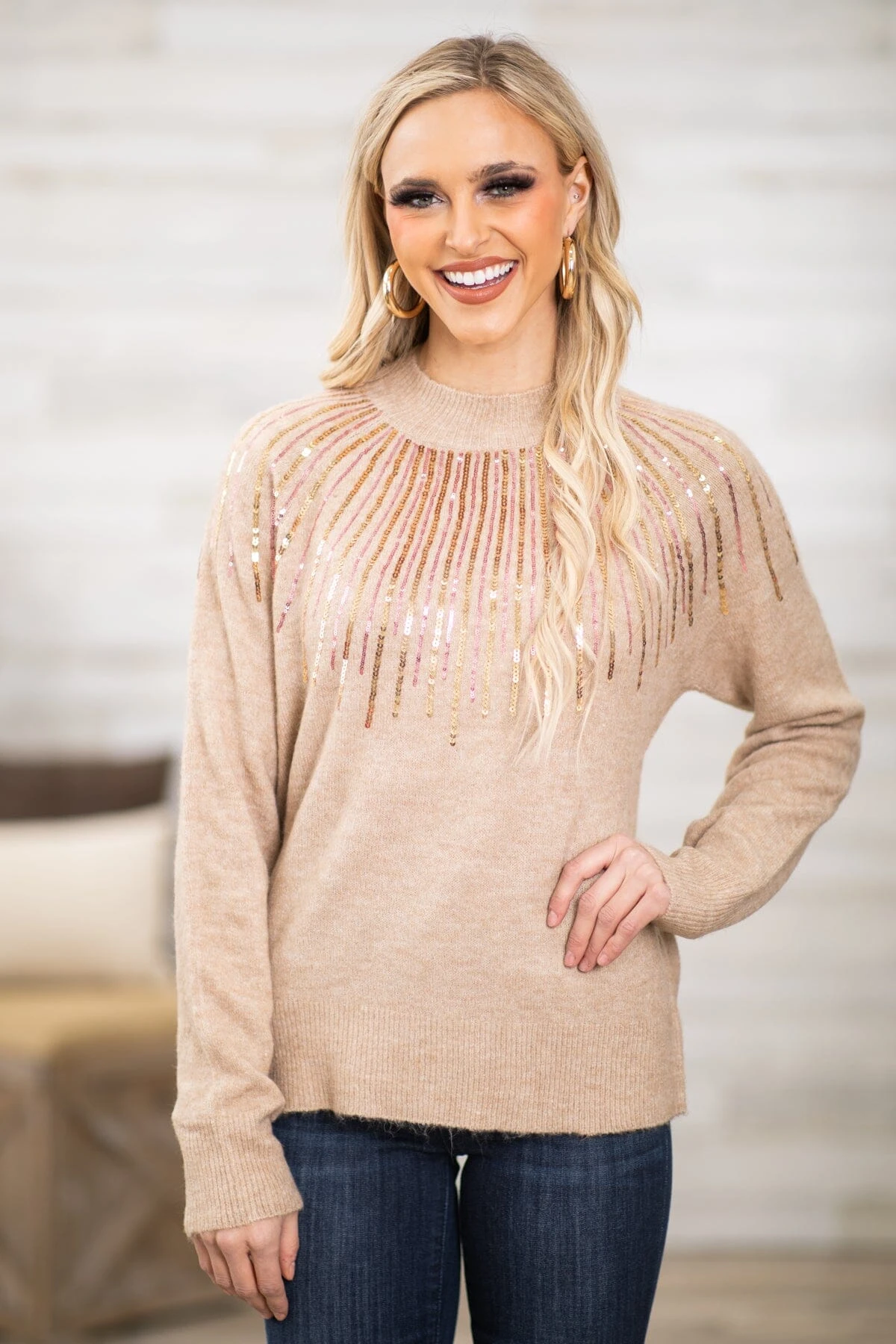 Tan And Rose Gold Sequin Detail Sweater 3 Tan And Rose Gold Sequin Detail Sweater