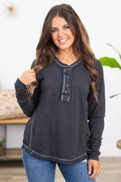 Charcoal Contrast Stitch Henley Top