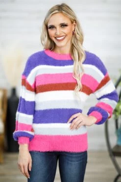 Hot Pink And Purple Multicolor Stripe Sweater
