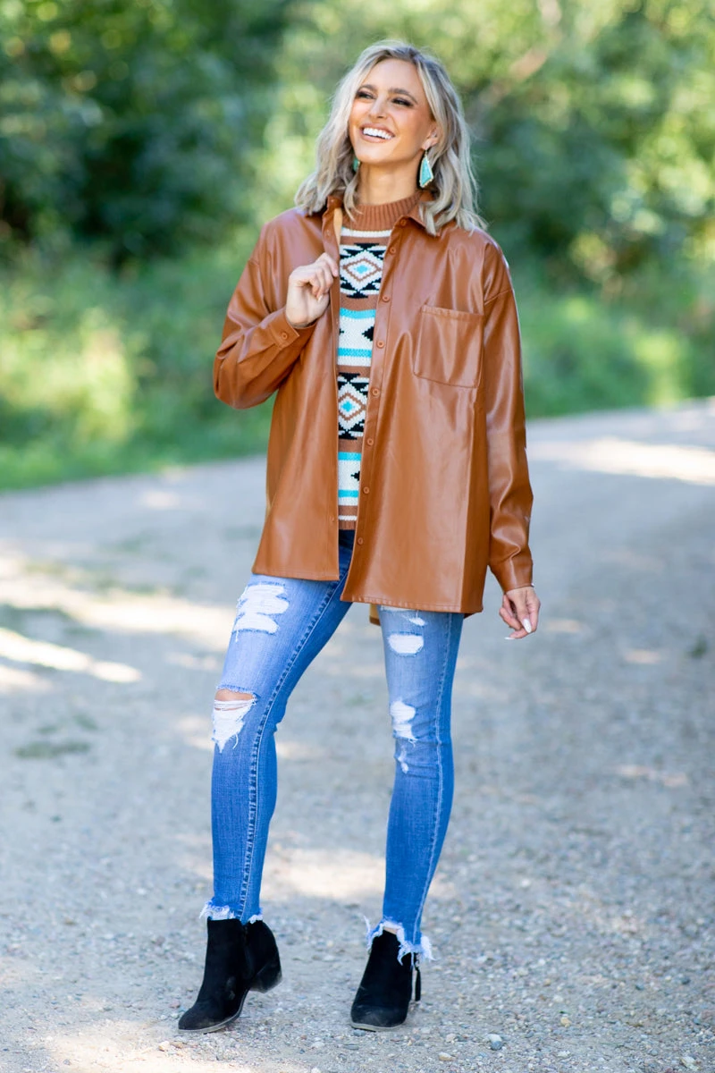 Cognac Faux Leather Shacket 5 Cognac Faux Leather Shacket - Image 3