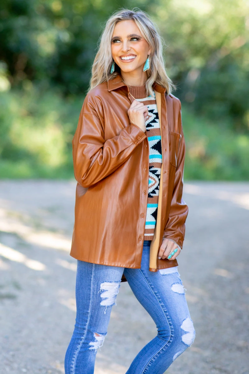 Cognac Faux Leather Shacket 4 Cognac Faux Leather Shacket - Image 2