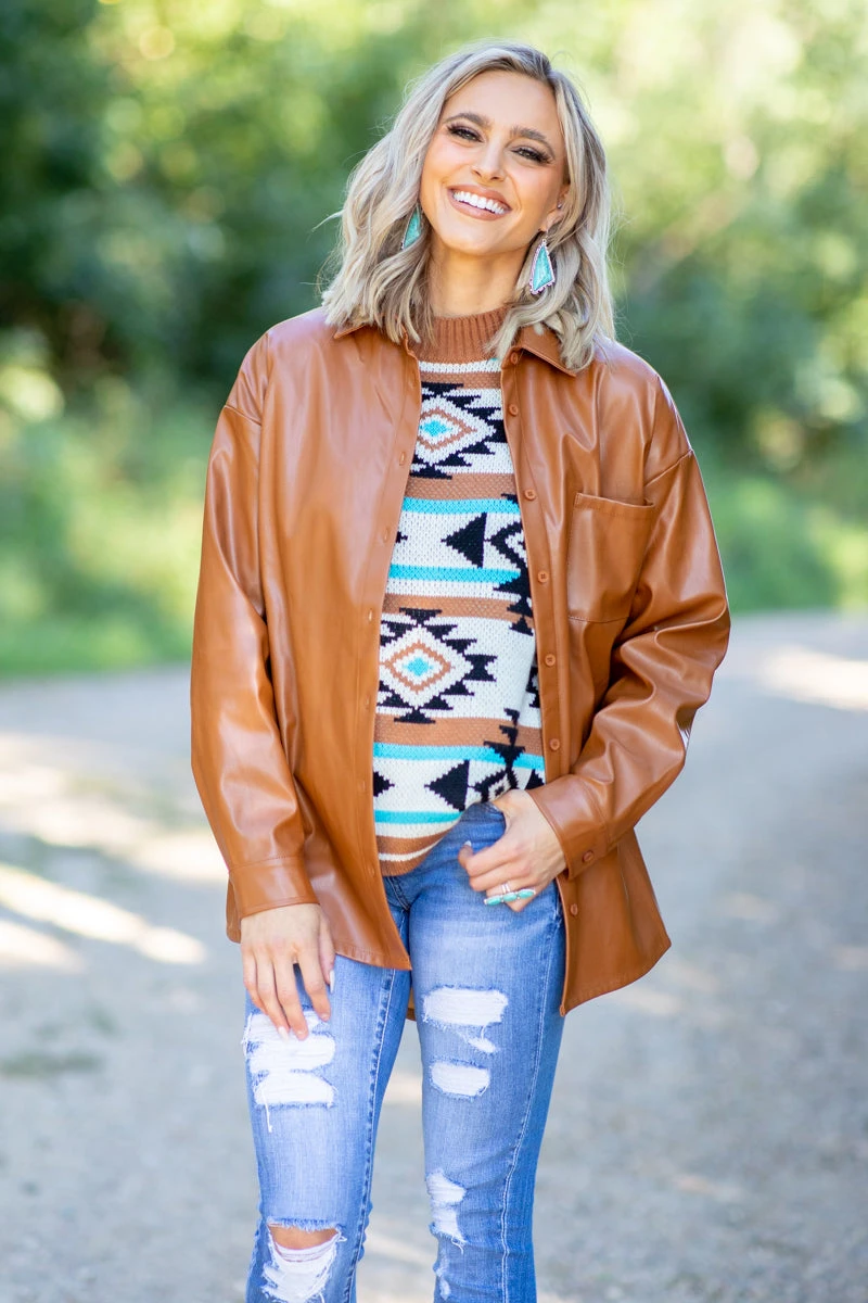 Cognac Faux Leather Shacket 3 Cognac Faux Leather Shacket