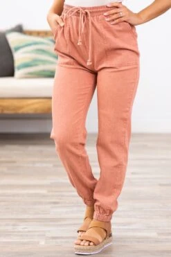 Terra Cotta Washed Elastic Waist Joggers