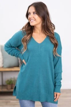 Dark Teal Front Seam Garment Dyed Sweater