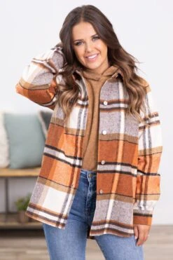 Burnt Orange And Cream Plaid Shacket