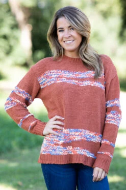 Cinnamon Sweater With Multicolor Stripes