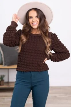 Brown Puff Textured Long Sleeve Top