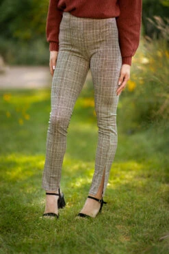 Brown And White Plaid Pull On Pants