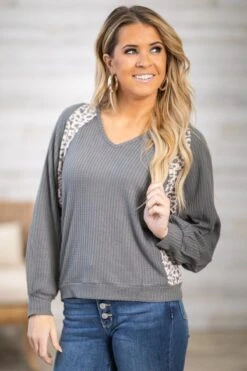 Grey Animal Print Trim Detail Top