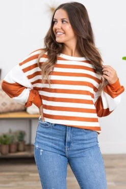Cinnamon And White Stripe Long Sleeve Top