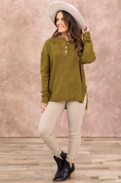 Be Cool Olive Waffle Knit Sweater With Buttons -Staccato Shop 3D4A0936 e1a12143 5592 4e7d 9e71 22c23e457e01