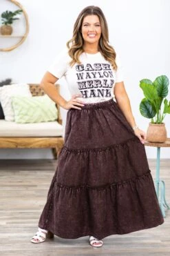 Brown Washed Elastic Waist Maxi Skirt