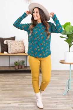 STACCATO Teal And Mustard Floral Print Ribbed Top -Staccato Shop 3D4A1002 1cf7a3f8 19c6 427b 9e20 f0d5013a4206