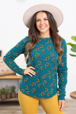 STACCATO Teal And Mustard Floral Print Ribbed Top