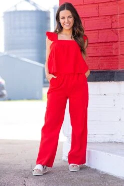 Red Tank And Wide Leg Pant Set