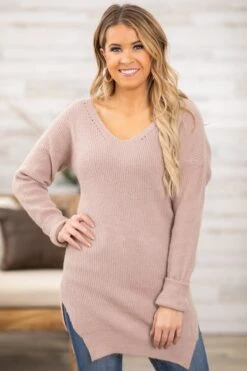 Tan V-Neck Lightweight Tunic Sweater