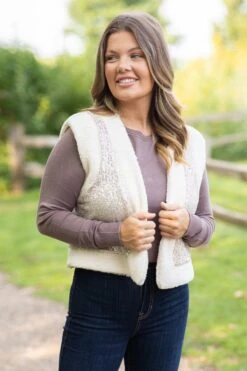 Cream And Silver Glitter Faux Fur Vest
