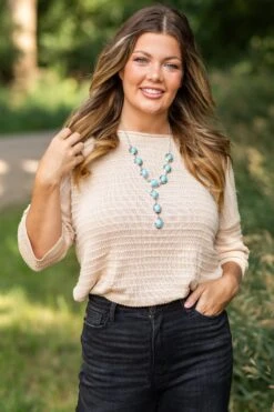 Beige Boat Neck Textured Side Slit Top