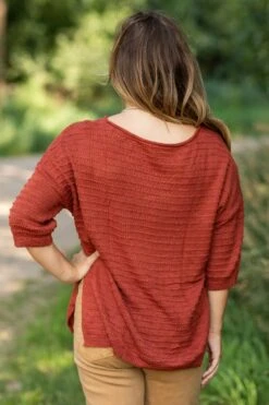 Cognac Boat Neck Textured Side Slit Top -Staccato Shop 3D4A1093 ed06154d 9595 4318 822c 6146e6b158f9