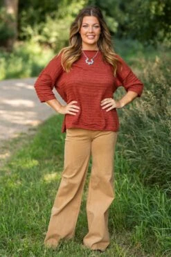 Cognac Boat Neck Textured Side Slit Top -Staccato Shop 3D4A1096 a057369b 19d4 4c61 9416 4a423792000c