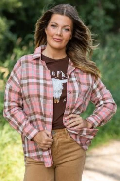 Salmon And Brown Plaid Button Up Top