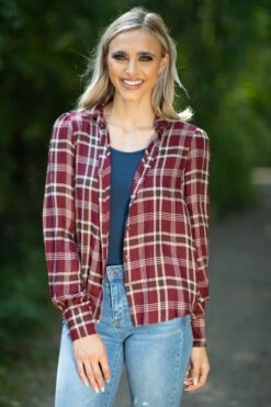 Burgundy And Beige Plaid Button Up Top