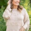 Tan Lightweight Sweater With Fringe Detail