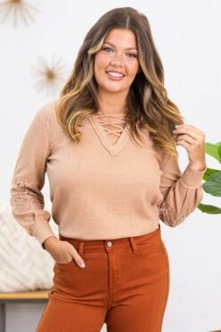 Tan Waffle Knit Top With Lace Inset Arms