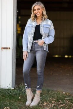 Light Wash Fray Hem Denim Jacket With Plaid -Staccato Shop 3D4A1655 2ab6165e 5172 4966 a512 fb0352467bf8