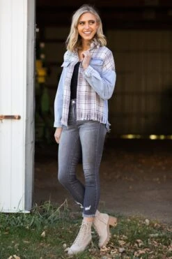 Light Wash Fray Hem Denim Jacket With Plaid -Staccato Shop 3D4A1657 1c1b0fa5 f329 46c3 bb2d fee406c604b2