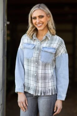 Light Wash Fray Hem Denim Jacket With Plaid -Staccato Shop 3D4A1664 d92eac7d bc93 4d46 bb10 66f447eec4fd