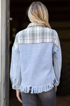 Light Wash Fray Hem Denim Jacket With Plaid -Staccato Shop 3D4A1666 df99d729 b549 4309 95ef 82b2254a4e86