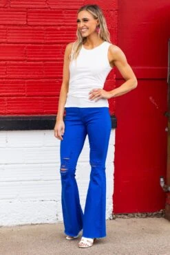 Cobalt Distressed Knee Flare Pants