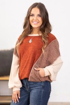 Rust And Mocha Colorblock Textured Top