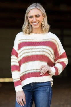 Cream And Wine Stripe Sweater With Lurex