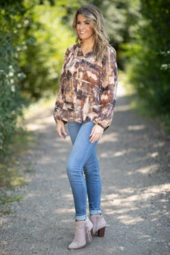 Brown And Tan Abstract Print Notch Neck Top -Staccato Shop 3D4A1795 7e13b5a4 207a 46d5 8fe8 19e2f511cc5a