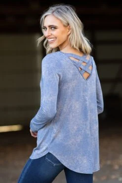Dusty Blue Acid Wash Long Sleeve Top