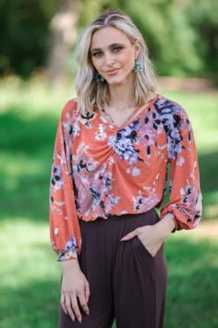 Rust Multicolor Floral Shirred Bodice Top